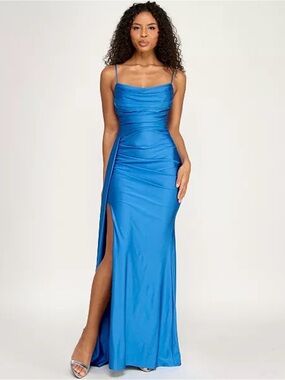 Macy's Sapphire Blue Spaghetti-Strap Prom or Wedding Gown with Side Slit